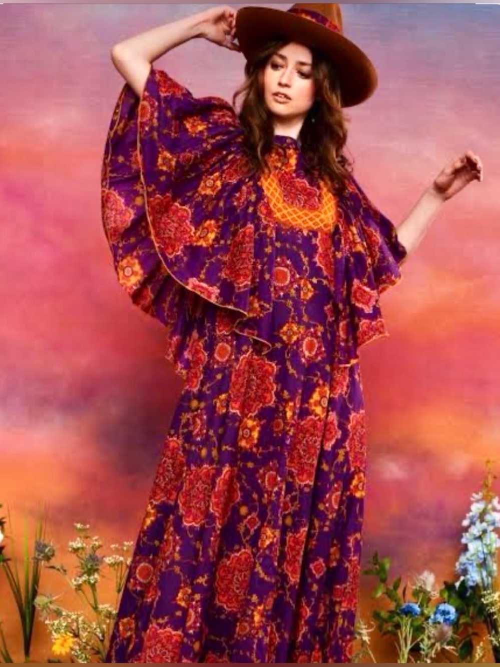 Hippie Shake Purple Mandala Maxi Dress Flutter Sleeve 1970s Style Gypsy Femme